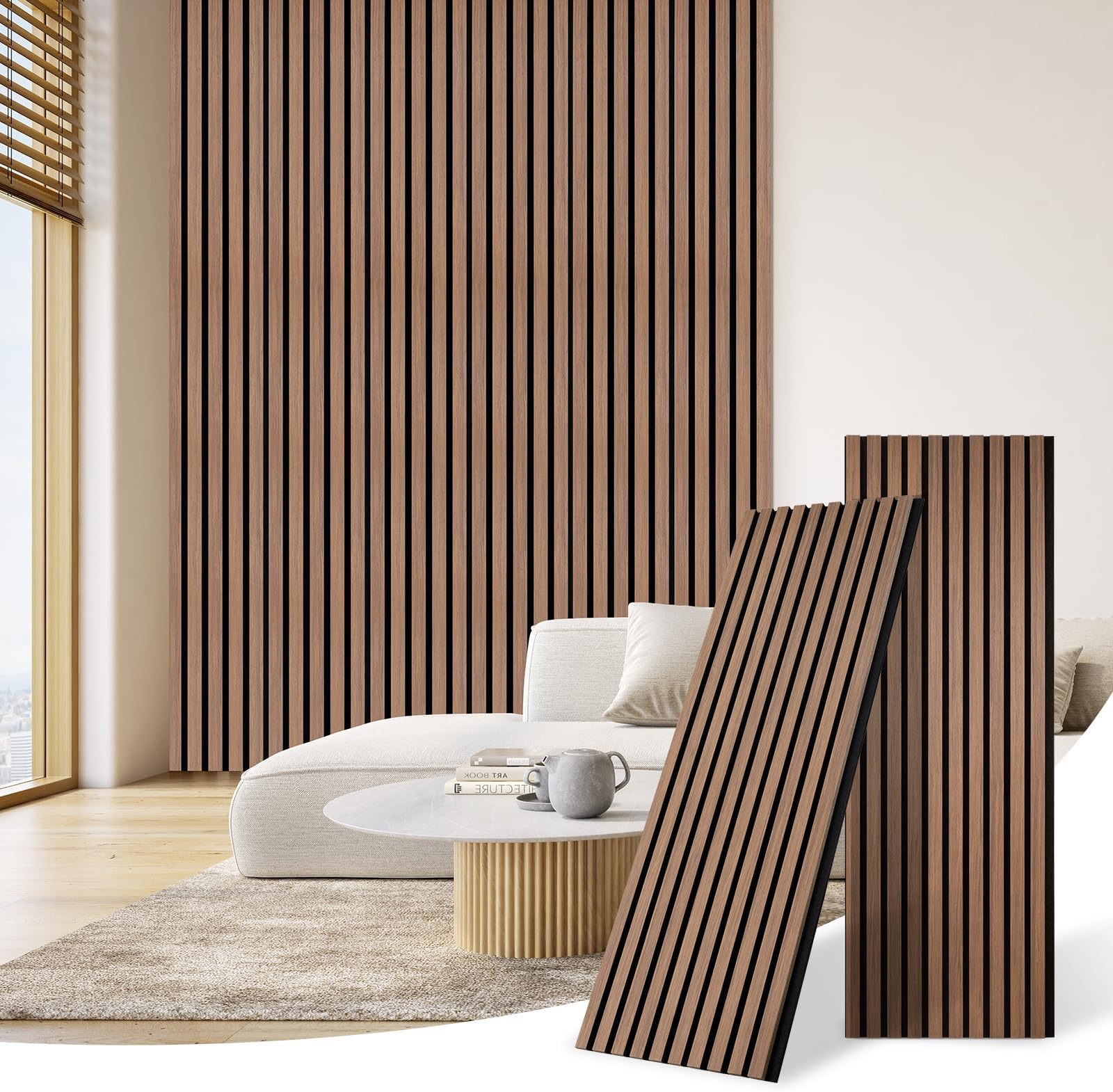 DOLLAR BOSS Wood Panels for Walls, Acoustic Wall Panels 120x40cm 2 Pack, Sound Absorbing Wooden Slats, Decorative 3D Wall Panels, Modern Wall Decor for Office, Bedroom, Kitchen, Walnut