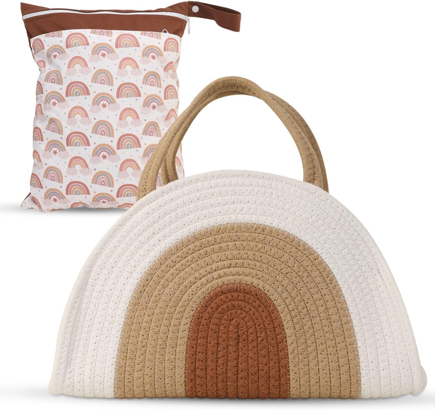 Diaper Caddy Organizer + Wet Bag - Cotton Rope Diaper Caddy Basket - Diaper Bag Organizing Pouches - Gift for Baby Shower List - Stylish Storage Basket and Diaper Station - New Parents Essentials