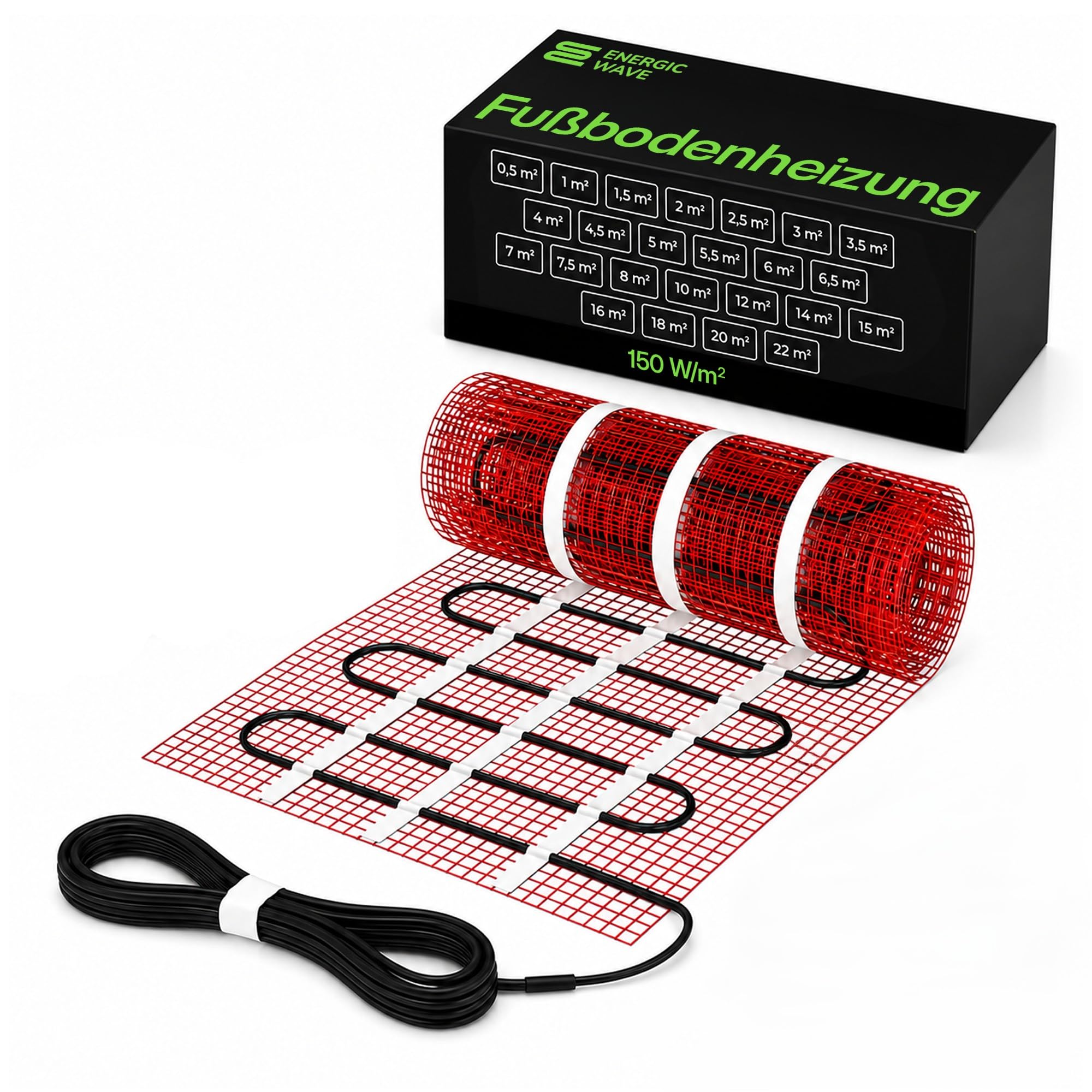 Elektrische Fußbodenheizung [150W/m²] - 10m² Fußbodenheizmatte für Fliesen, Steinzeug, Steinböden