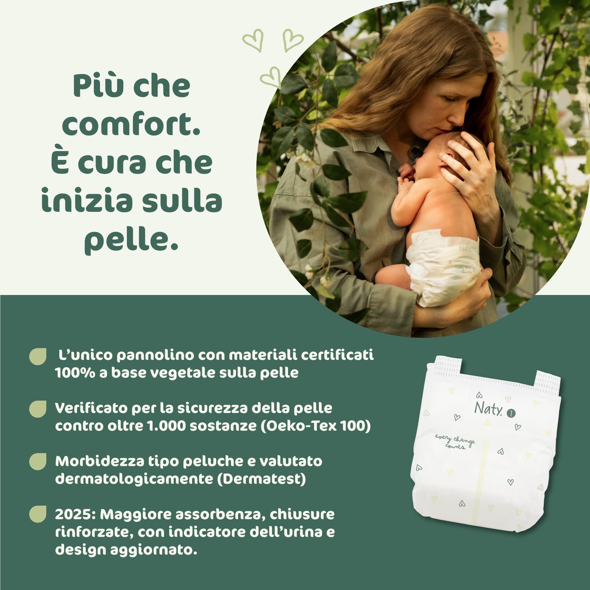 Naty BioEmbrace Pannolini Neonato Taglia 1 (2–5 kg) | 100% a base vegetale sulla Pelle | Morbidezza vegetale, Dermatologicamente Testati, Super Assorbenti | 100 Pezzi
