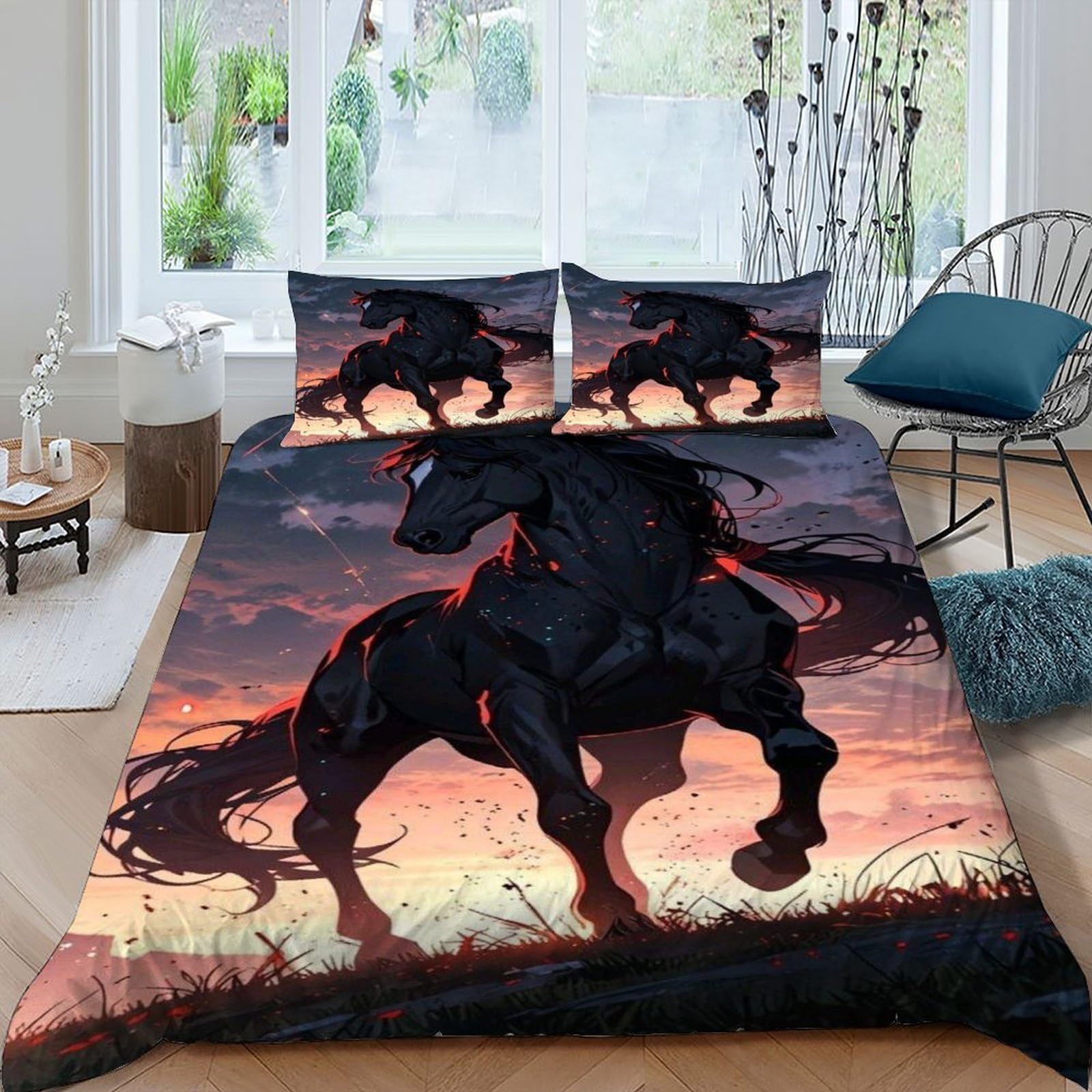 Housse de couette cheval 220x240cm anti-plis pour lit king size adulte et enfant