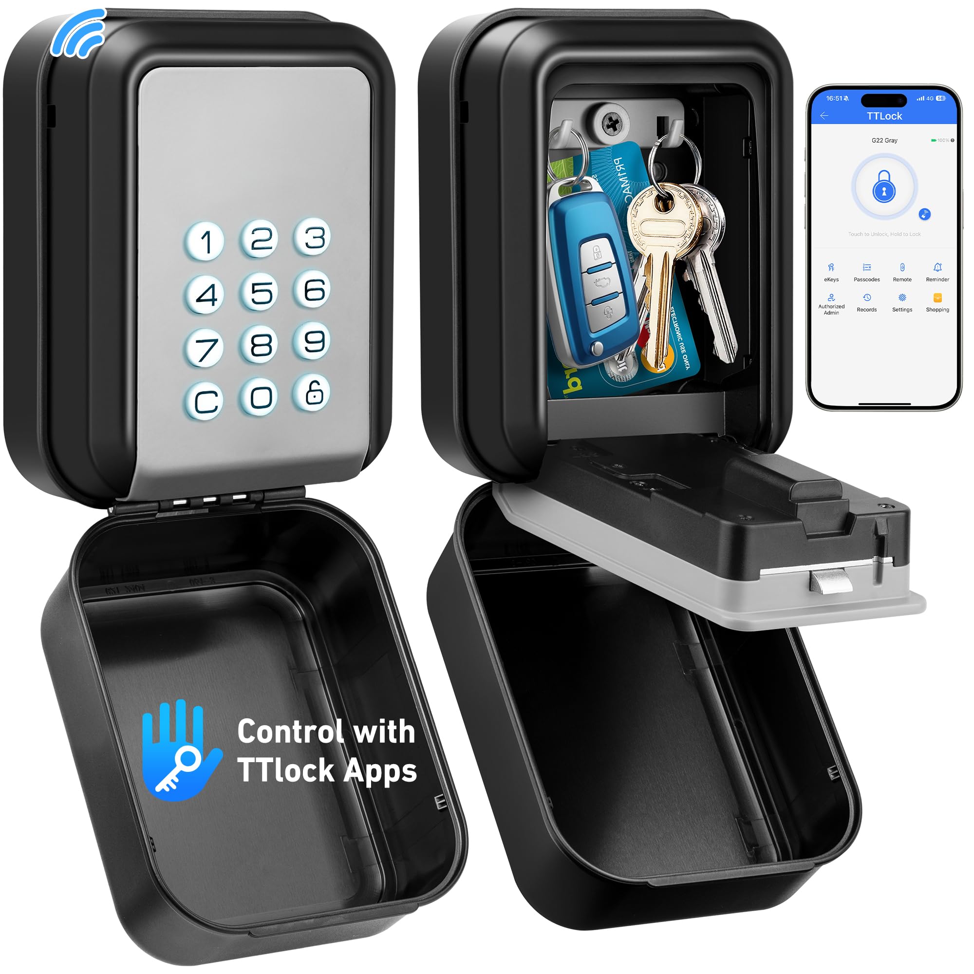 Boîte à Cléfs Sécurisée Exterieur |Bluetooth Connectée| Boitier Clefs Murale Digital Boite a Clef Connectee & Codes Multiples, IP65 Étanche Boite a Cle avec Code Rétroéclairé