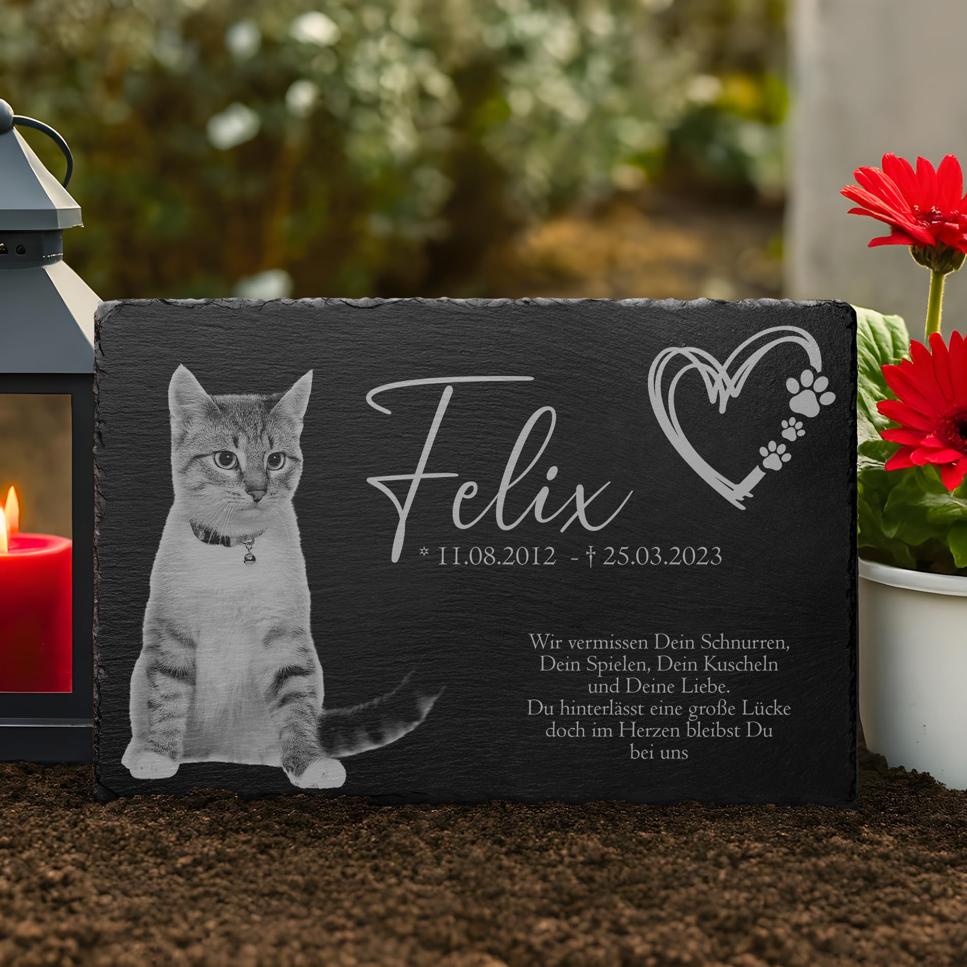 CHRISCK design Tier Grabstein Katze - Katzengrabstein aus Schiefer mit Gravur - Wetterfester Gravurschutz - Große Motivauswahl! - Grabplatte mit Foto - 22x14 cm o. 30x20 cm - Gedenkstein Hund