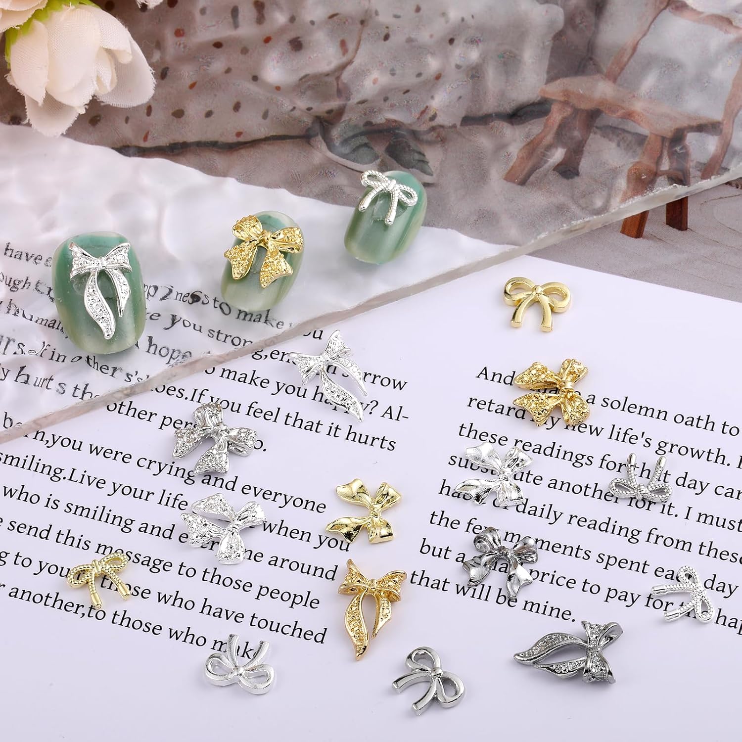 135 PCS Bow Nail Gems 5 Styles Metal Bow Charms 3D Metal Alloy Bowknot Art for Nails Gold Silver Assorted Luxury Shiny Bows Tie Nail Charms Art Accessories
