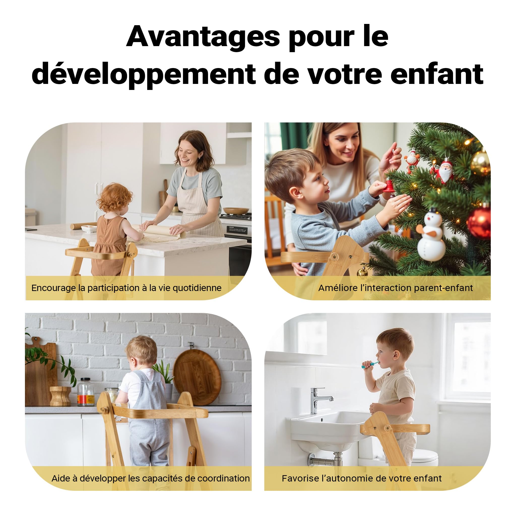 Wiltec Chaise pour Enfant Tour d'apprentissage Pliable 43 x 48 x 91 cm en Bambou, réglable en Hauteur, pour Enfants, Tour Debout avec Garde-Corps