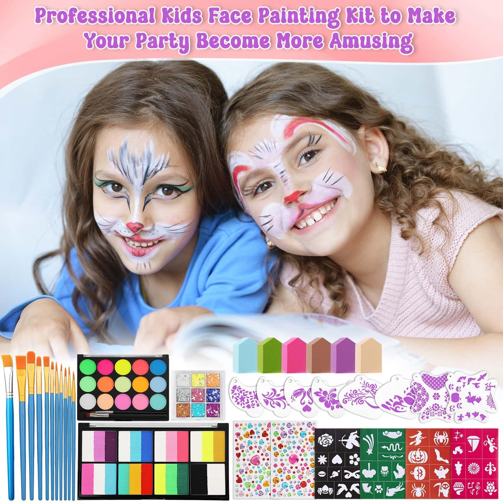 Face Painting Kit with Organizer Box, Washable Paint, Stencils and Accessories