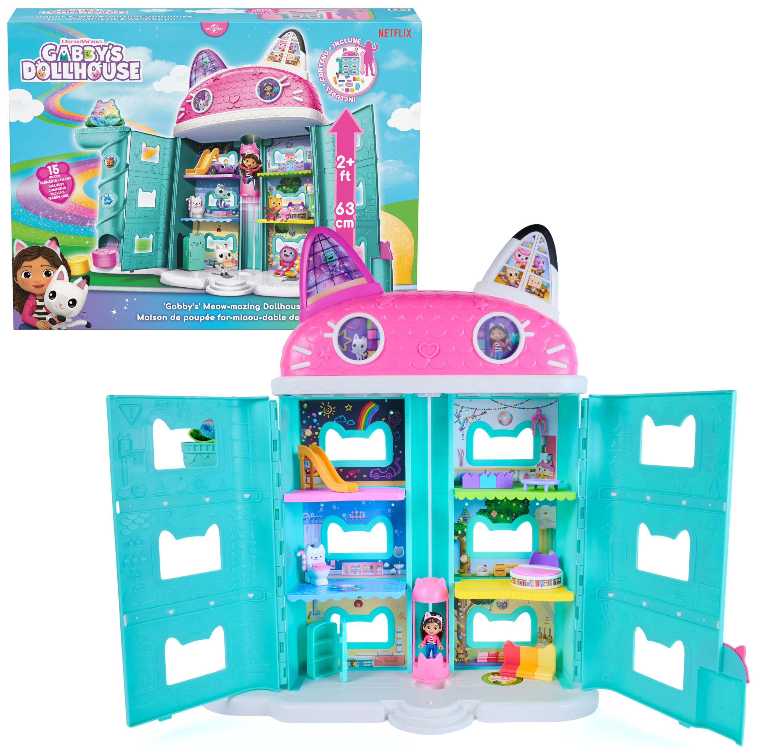 Gabby's Dollhouse Playset GabbysMeowMazing Dllhse I | 63 cm groß, 15-teiliges Set, Mit Gabby & 2 Katzenfiguren, Erweiterbar, Magische Lentikular-Augen