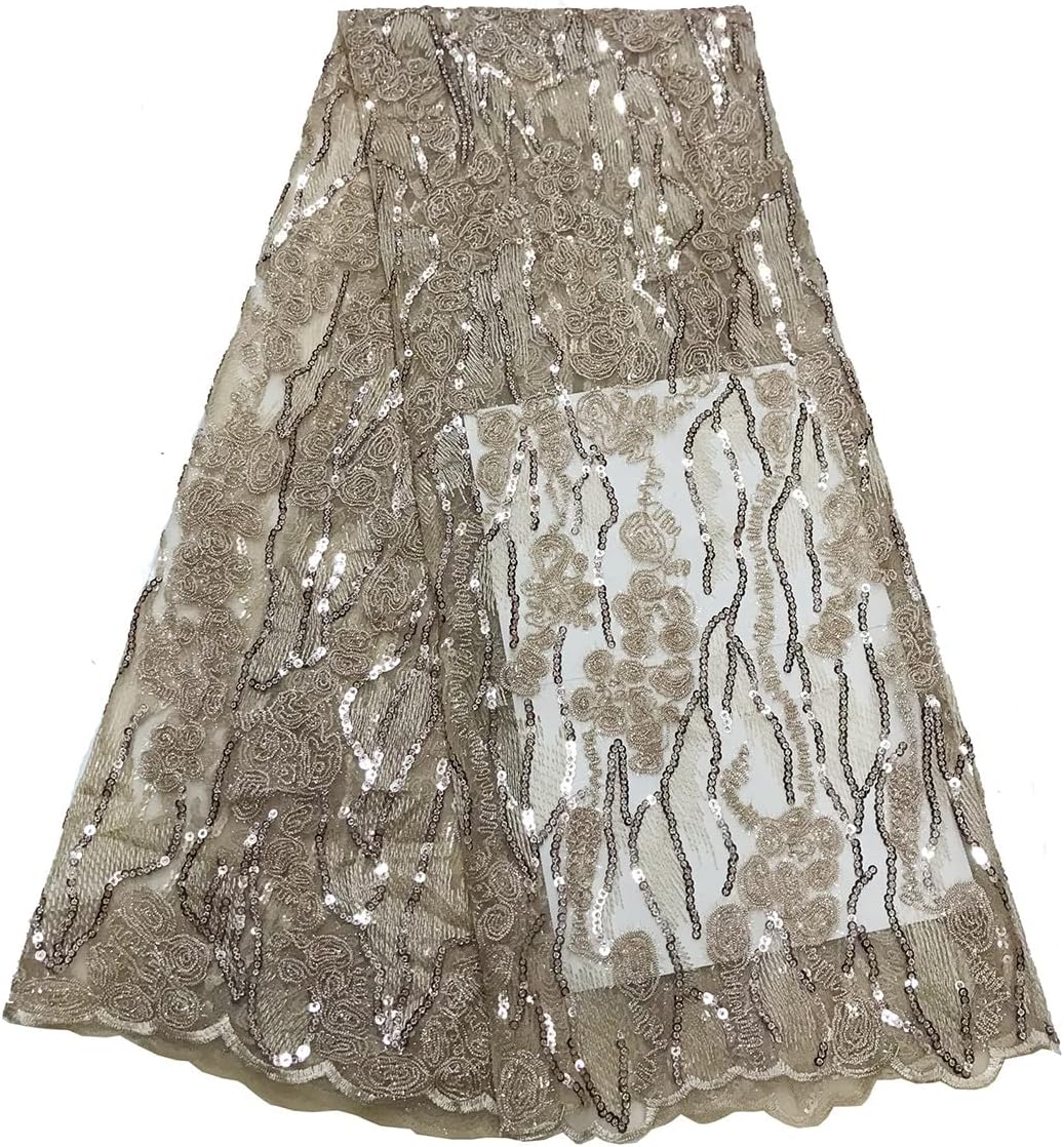 Sequin Lace Fabric Elegant Embroidery Floral African Lace Glitter Nigerian Tulle Net for Sewing Wedding Dress, 5 Yards, Orange