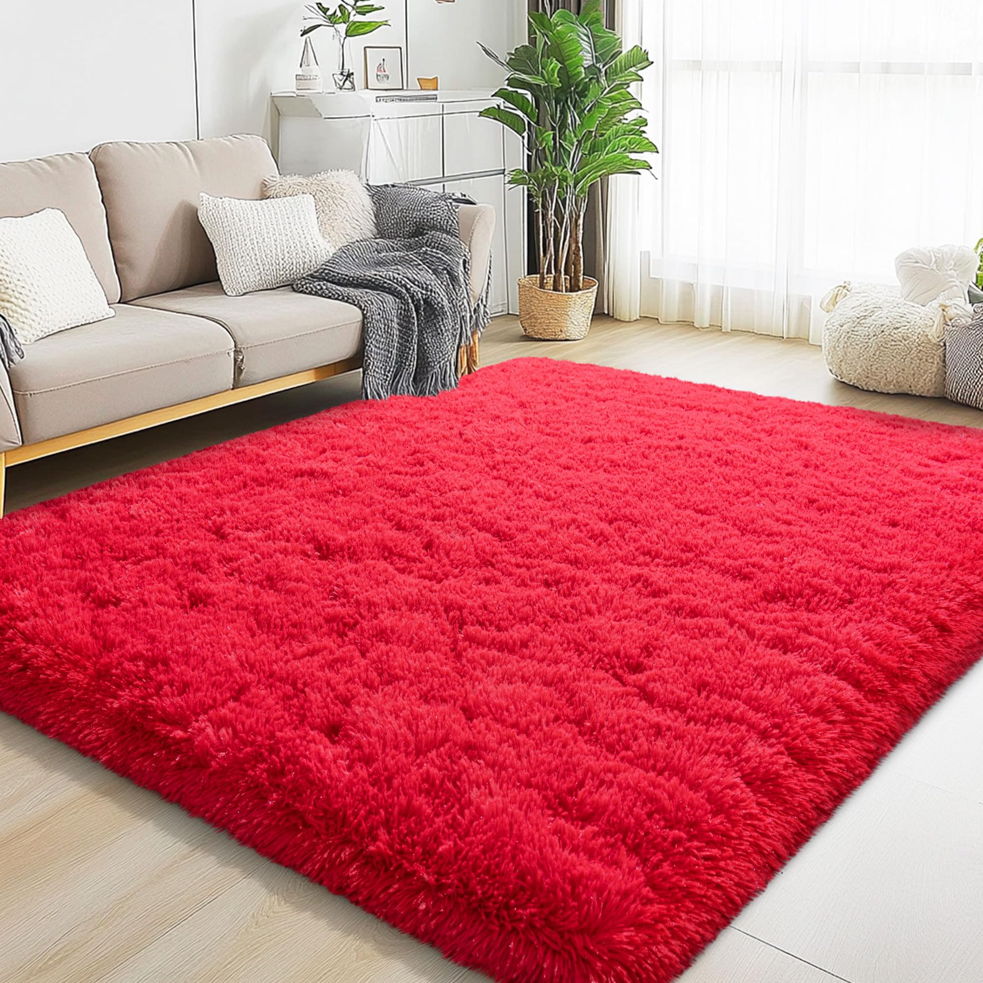 Area Rugs for Living Room, Red Fluffy Shaggy Rug Soft Carpets, Rugs for Bedroom Nursery Kids Room Dorm Home Decor Aesthetic