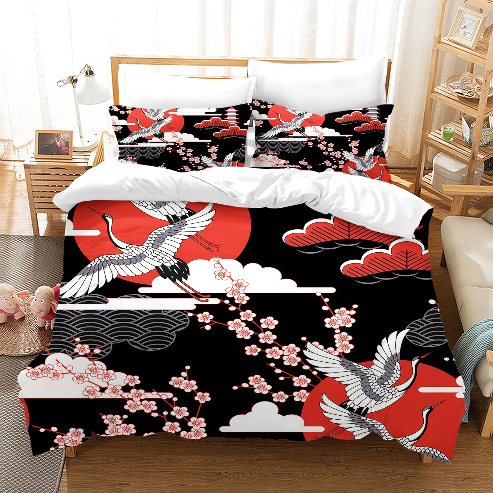 PORJDN Set di biancheria da letto in stile giapponese, motivo romantico, samurai giapponese, con motivo floreale botanico, federa stampata, 65 x 65 cm (stile D, 200 x 200 cm