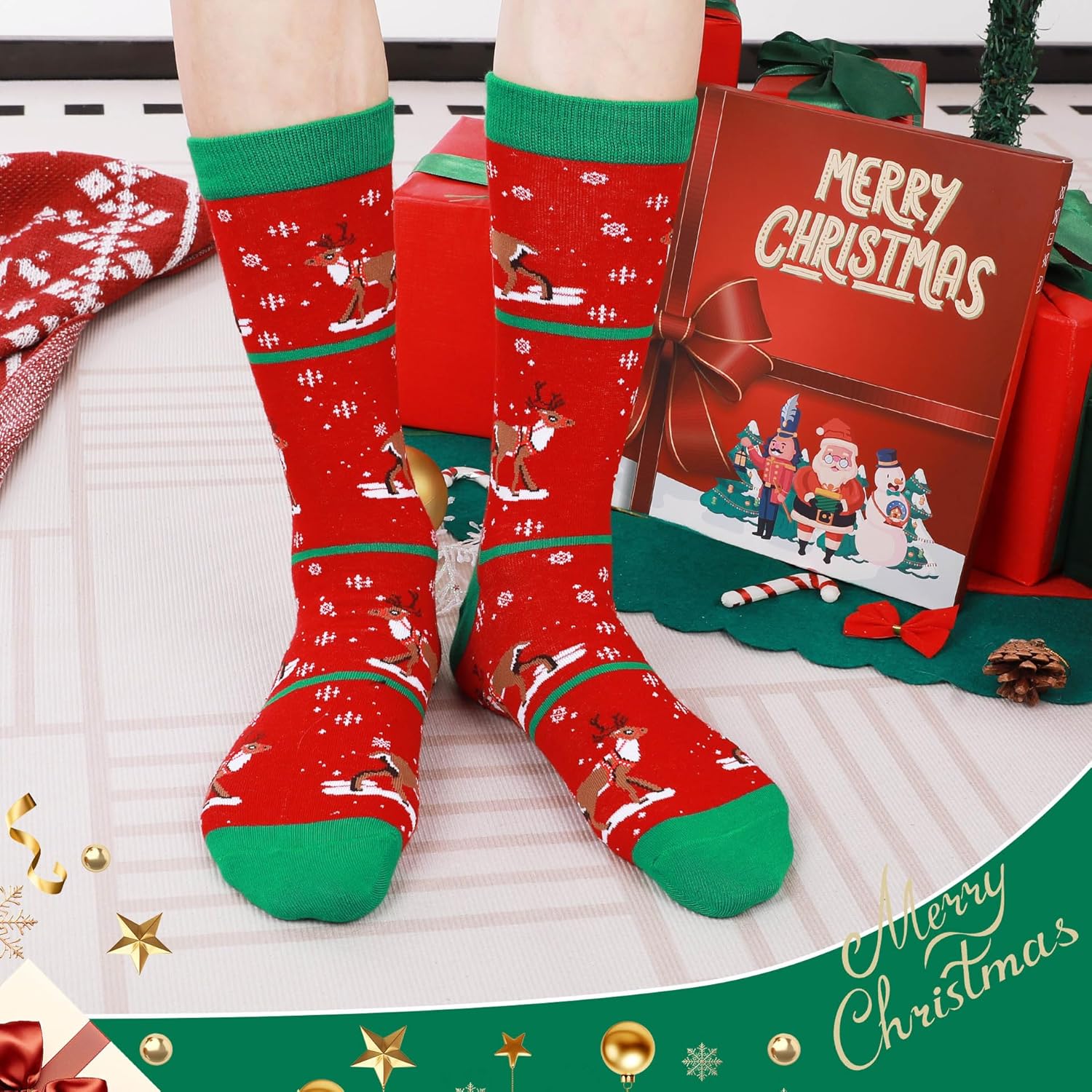Christmas Socks for Men Women: 6 Pairs Holiday Socks Cotton Cozy Xmas Crew Socks for Family Friends Gift Chirstmas - Image 2
