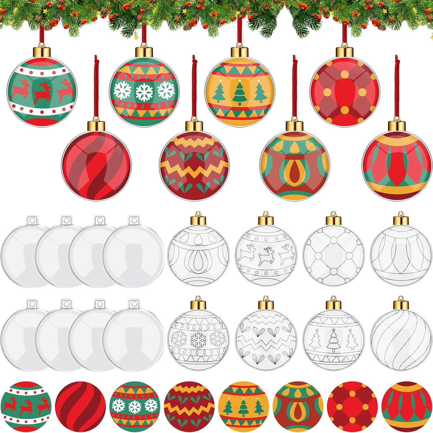 Daifunli Christmas Ornament Making Kit Xmas DIY Coloring Craft Color Your Own Plastic Bulb Double Sided for Christmas Tree Hanging Decorating Home Activities Winter Party Supplies(24 Sets,Vintage)