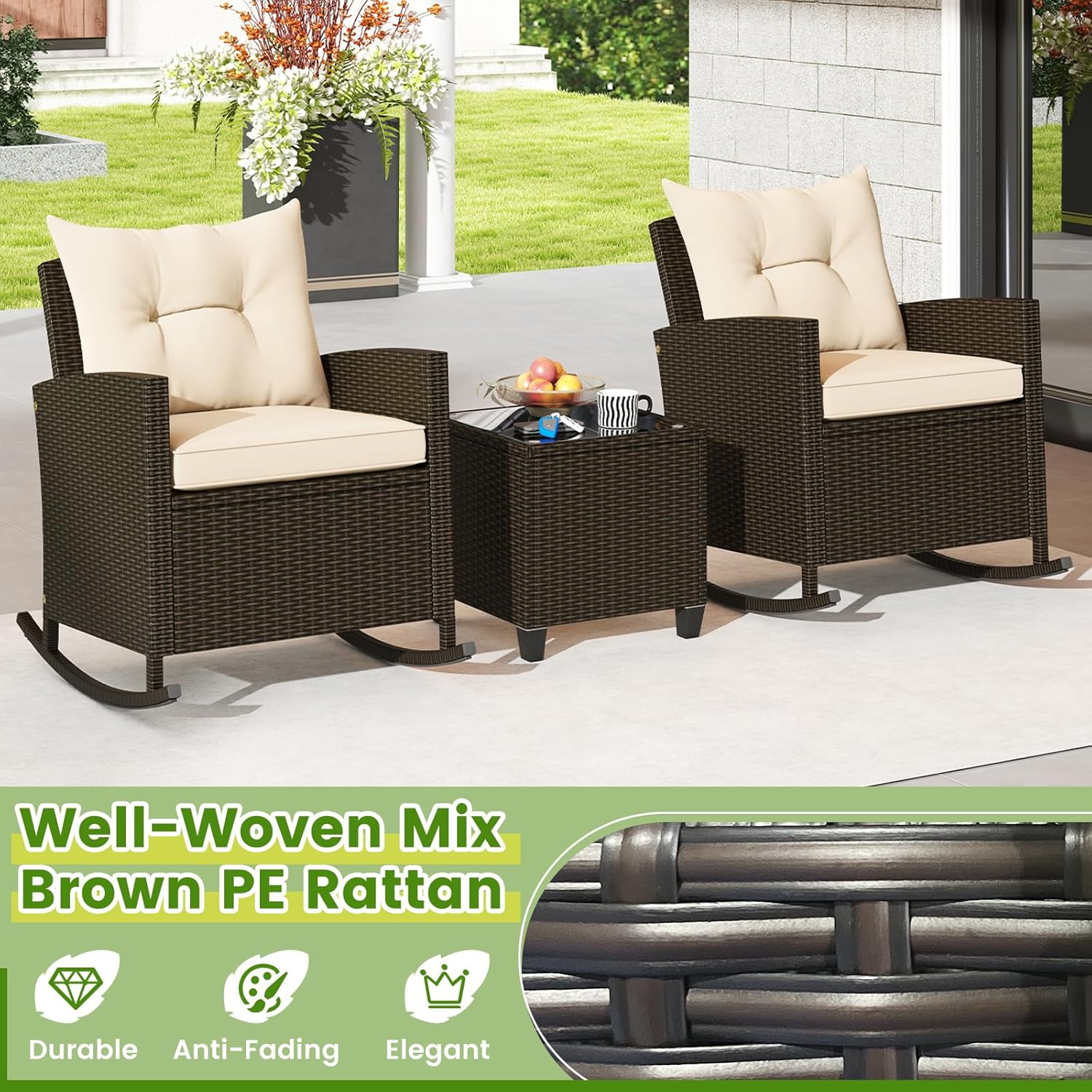 KOTEK 3 Piece Patio Furniture Rocking Bistro Set, Wicker Outdoor Rocking Chairs & Glass Table, PE Rattan Conversation Set for Porch, Balcony, Deck, Poolside (Mix Brown- Beige)