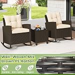 KOTEK 3 Ensemble de bistros pour meubles en patio de pièces, fauteuils de rocking d'extérieur en osier & Table en verre, PE Ensemble de conversation pour porch, balcon, pont, piscine (Mix Brown-Beige)