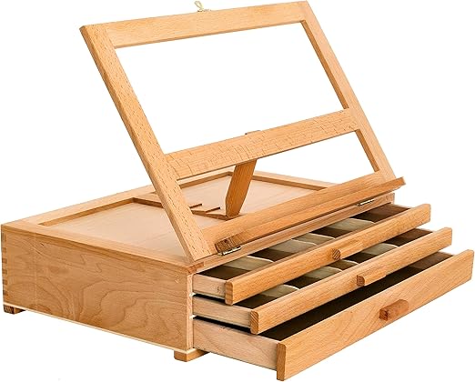 U.S. Art Supply Adjustable 3-Drawer Wooden Storage Box Easel & Folding Canvas Stand - Portable Art Desk, Artist Desktop Easel for Painting & Drawing - Holds Paint, Markers, Pens, Premium Beechwood