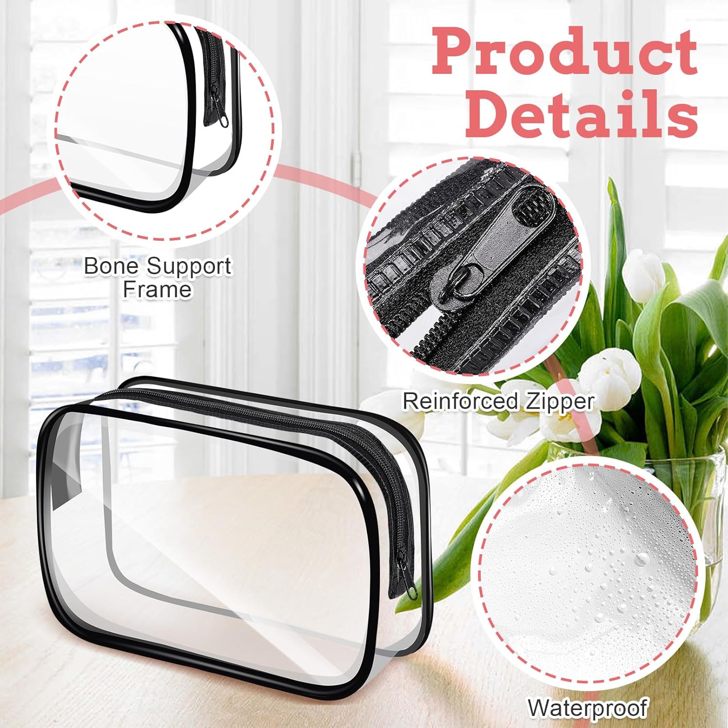 12 PCS Clear Makeup Bags,Clear Toiletry Bag,PVC Clear Cosmetic Bags with Zipper,Portable Transparent Toiletry Bags for Travel Women Men(Black,Large)