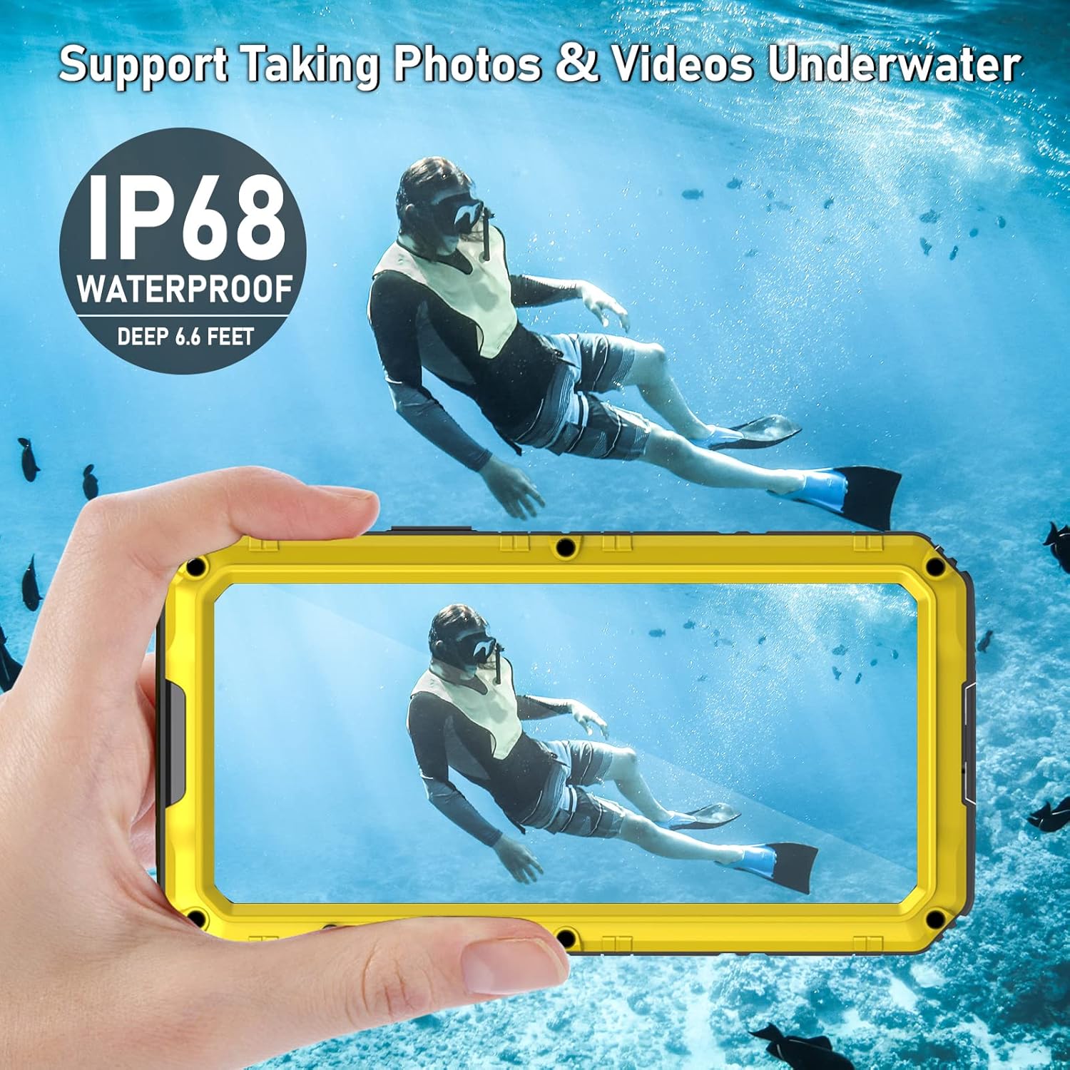 Beasyjoy Case for iPhone 12 Pro Max Waterproof, Metal Heavy Duty Case with Built in Screen Protector, Military Grade Full Body Protective Defender Rugged Phone Case 6.7 Inch(Yellow) - Image 4