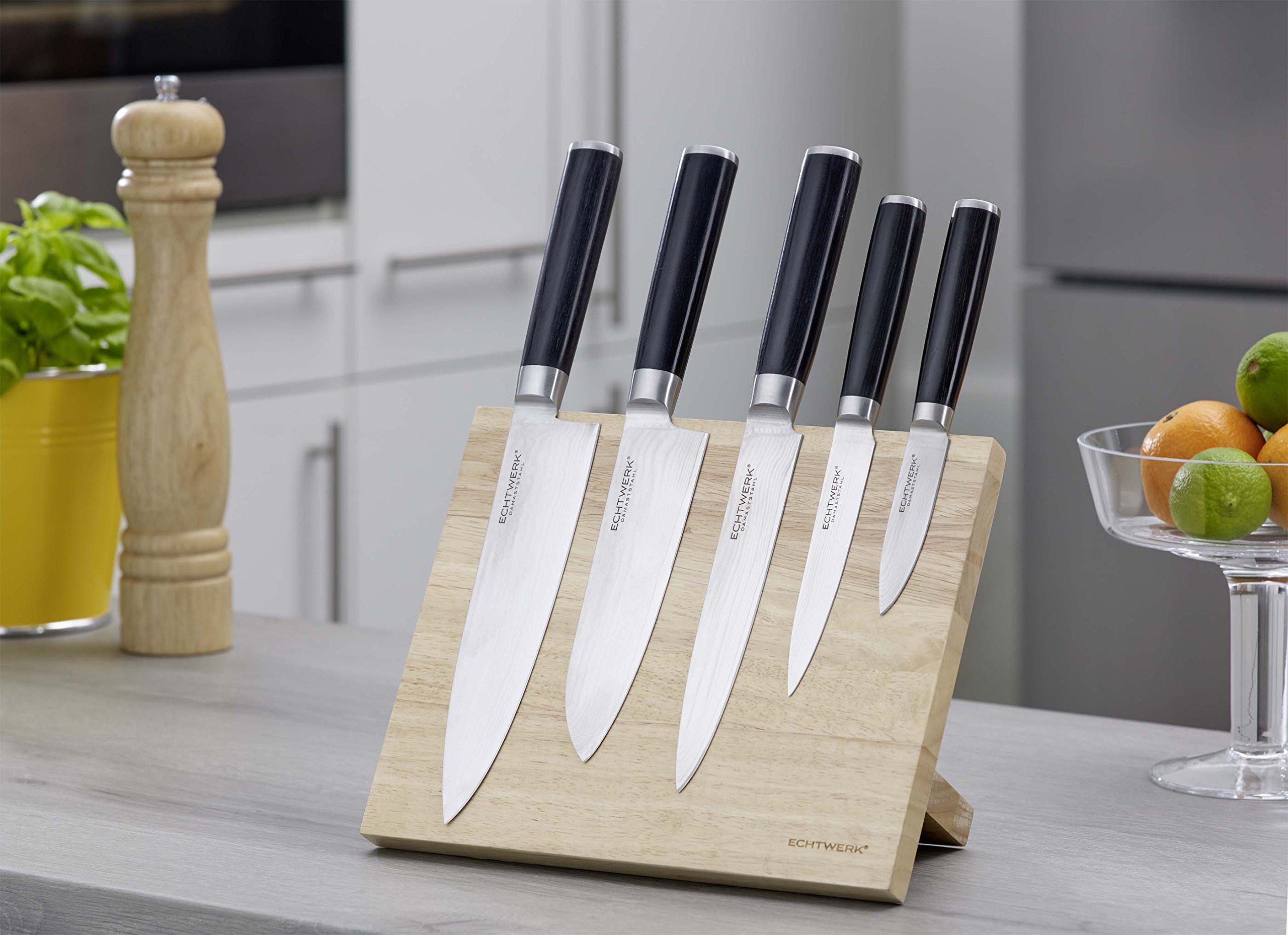ECHTWERK Zestaw 6 noży damasceńskich, zestaw noży kuchennych, nóż szefa kuchni, nóż Santoku, nóż do filetowania, nóż uniwersalny, nóż do obierania, gładka krawędź, magnetyczny blok na noże