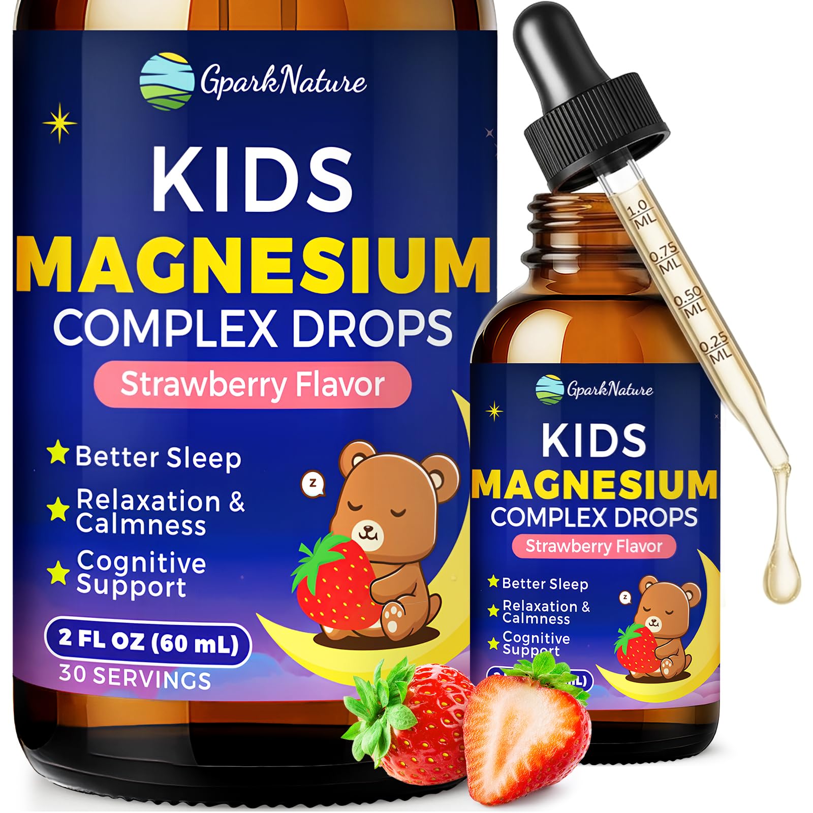 Kids Magnesium Liquid Drops - Magnesium Glycinate Liquid for Kids, Magnesium Supplement with L-theanine, Omega-3, D3 for Sleep, Calm, Relaxation, Brain & Bone Support - Strawberry Flavor 2FL Oz Strawberry 2 Fl Oz (Pack of 1)