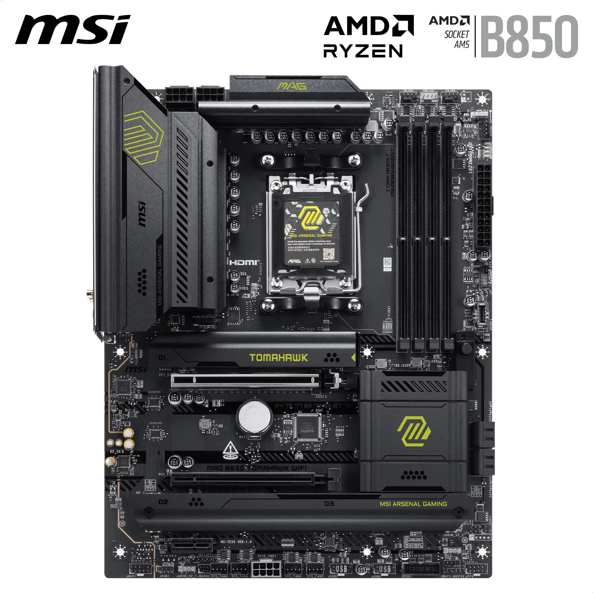 MSI MAG B850 TOMAHAWK WIFI Scheda madre, ATX - Supporta processori AMD Ryzen 9000/8000/7000, AM5-80A SPS VRM, DDR5 Memory Boost 8200+ MT/s (OC), PCIe 5.0 x16, M.2 Gen5, Wi-Fi 7, 5G LAN