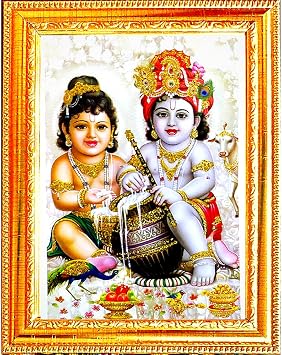 Suninow Krishna balram Photo | God Goddess Religious Framed Painting for Wall and Pooja/Hindu Bhagwan Devi Devta Photo Frame/God Poster for Puja Krishna balram