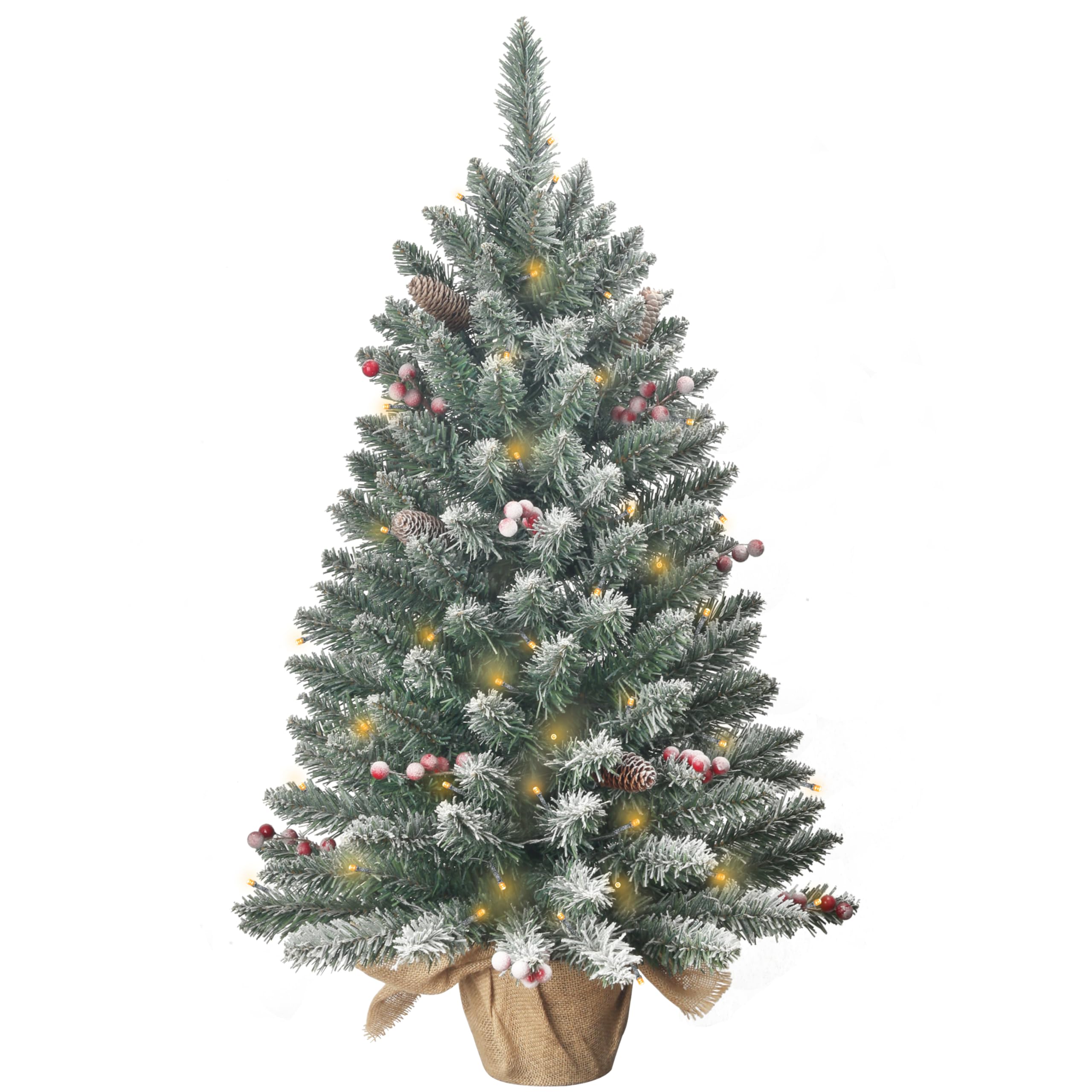 3ft pre-lit christmas tree,partially snow flocked artificial xmas pine tree with 150 pvc branches tips & 12 red berries & 15 pinecone & 70 led string lights & burlap wrapped base,battery powered