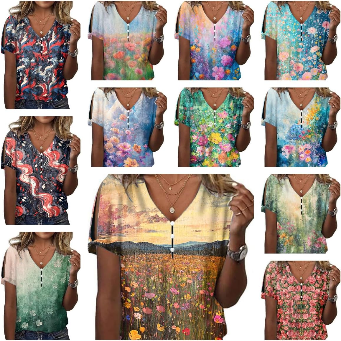 Boho Tops for Women Flower Print Fashion Summer Short Sleeve Tshirt Cute Casual Loose Fit Cold Shoulder Shirt Blouse - Image 3