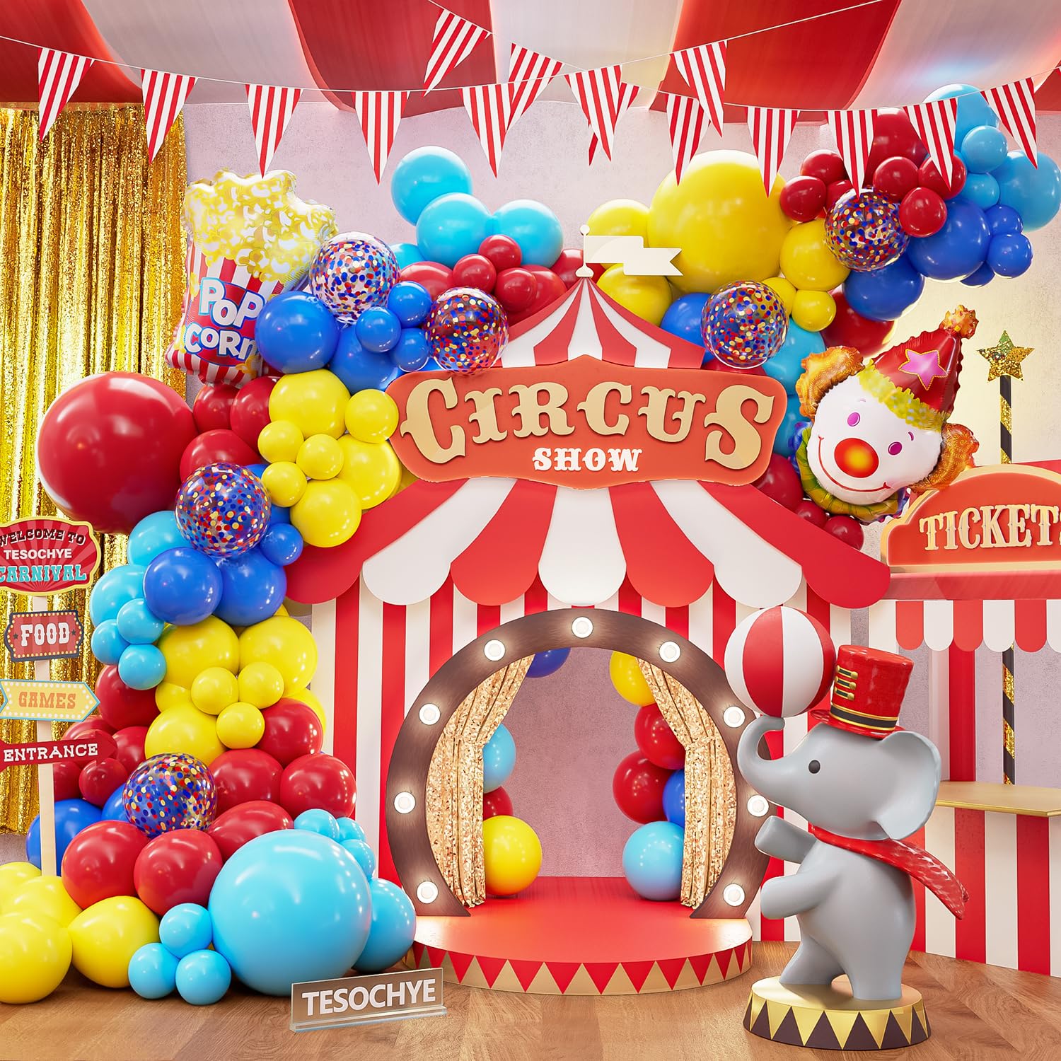 Carnival Circus Balloon Arch Garland Kit, 140 pcs Red Blue Yellow Popcorn Clown Balloons with 32ft Red and White Striped Pennant Banner for Circus