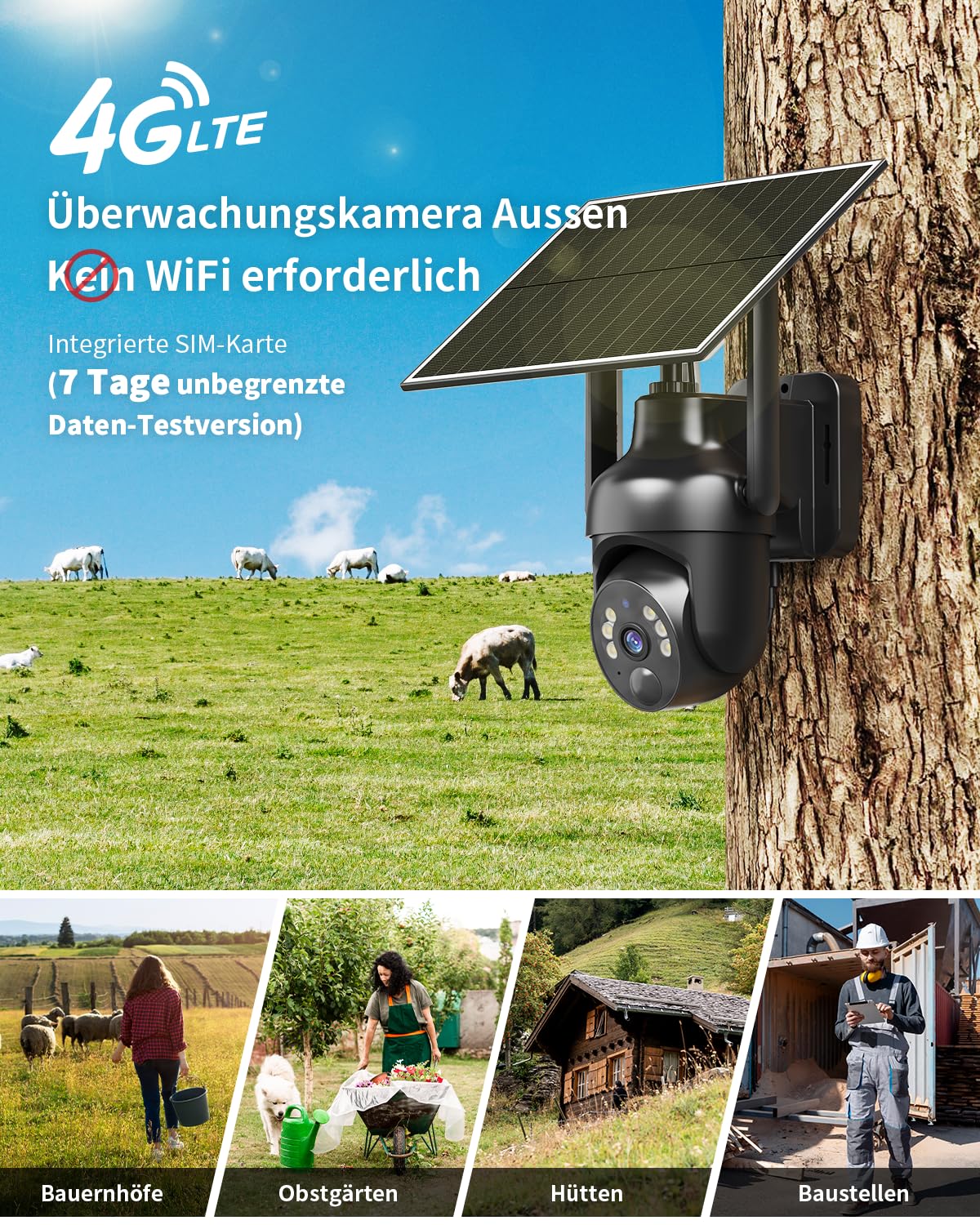 SEHMUA 4G LTE Überwachungskamera Aussen Solar mit SIM Karte, 2K HD PTZ | Kabellos Kamera Ohne WLAN Outdoor Akku, PIR Erkennung und 355°/100° Schwenkbar, Farb Nachtsicht, 2-Wege-Audio, 2er Set
