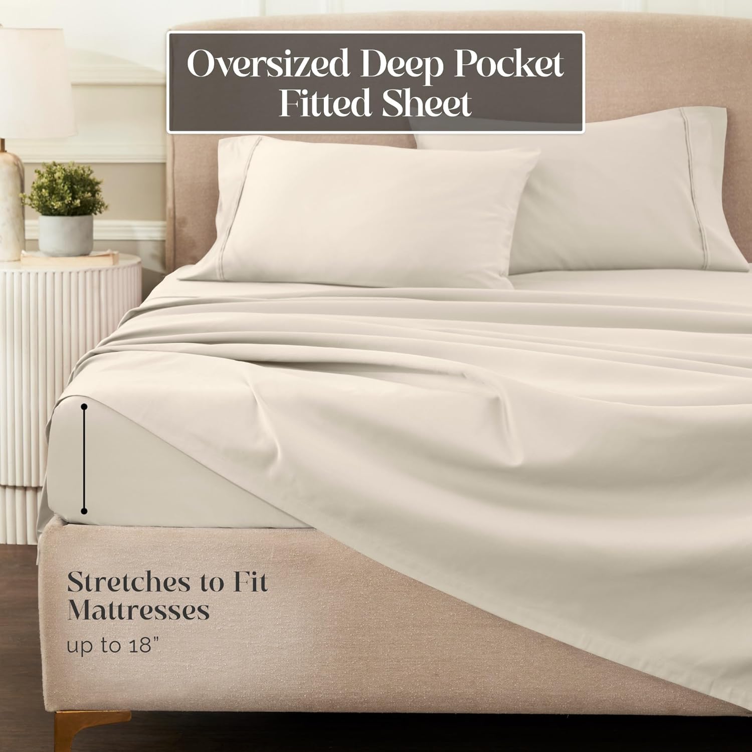 Superior 1200 Thread Count Egyptian Cotton Sheet Set, Bedroom Sheets, Modern Home Essentials, Luxury Bedding, 1 Elastic Deep Pocket Fitted Bed Sheet, 1 Flat Sheet, 2 Pillowcases, King, Ivory