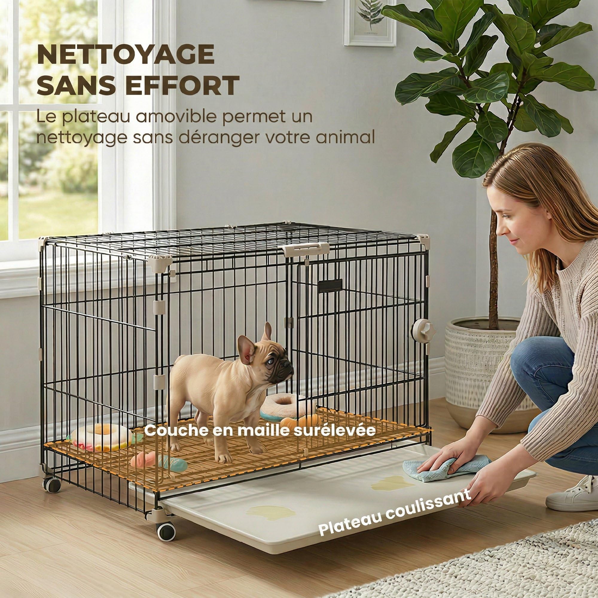 PawHut Cage pour Chien, Plateau Amovible, Roues avec Freins, Toit Ouvrant Verrouillable, Niche Chien Interieur pour Petits et Moyens Chiens, 75,5x46x64,5cm, Noir
