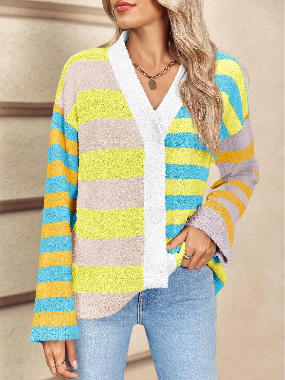 Saodimallsu Womens Striped Cardigan Sweaters V Neck Open Front Button Up Color Block Fuzzy Loose Knit Coats - Image 2
