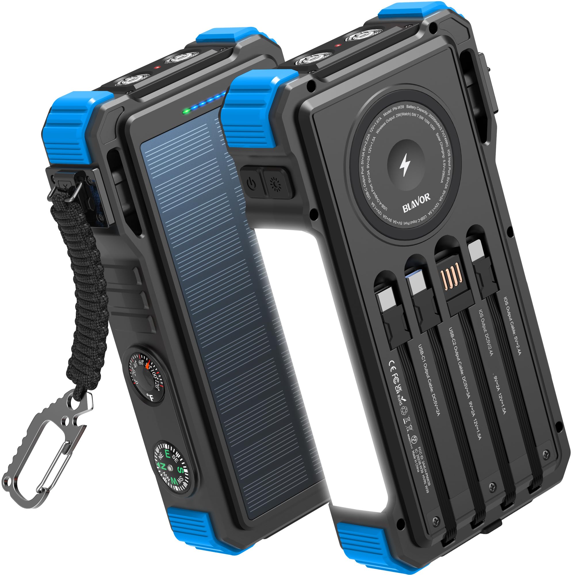 BLAVOR Solar Power Bank 20000mAh mit Kable, 20W Schnellladung Solar Ladegerät USB C Externer Akku Portable Charger mit Taschenlampen und Karabiner für alle Handy, Wireless Ladegerät für Apple Watch