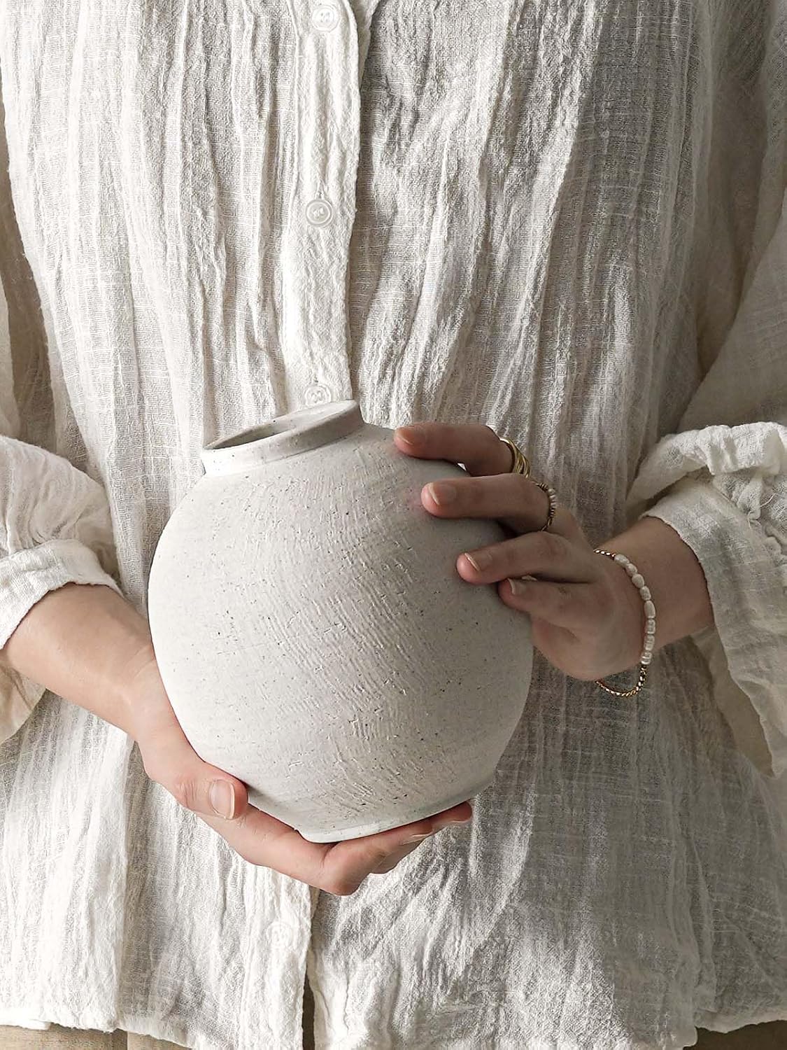 Small White Ceramic Vase - 6.3 Inch Rustic Farmhouse Flower Vase for Home Decor, Minimalist Vases for Living Room, Table, Bathroom, Holiday & Weddings (Sandstone White)