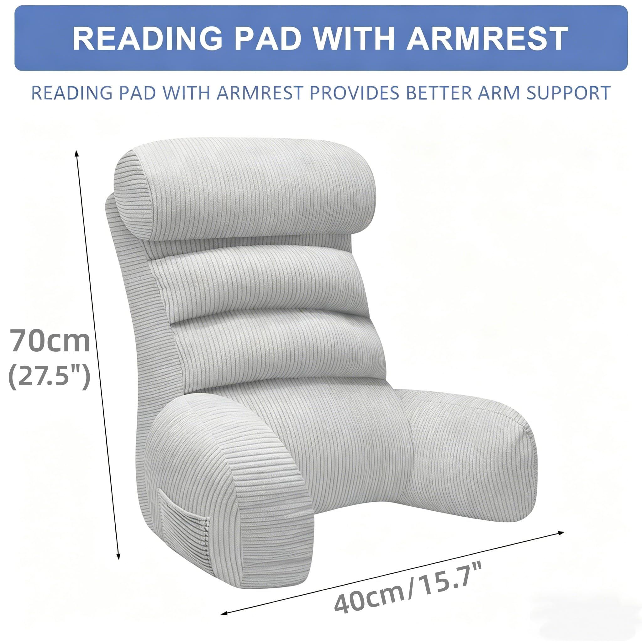Lesekissen für bett und sofa mit Armlehnen & Abnehmbarer Nackenstütze | 70x40cm Höhenverstellbares Rückenkissen für Bett & Sofa | Reading Pillow Rückenstützkissen zum Lesen,Fernsehen,Entspannen (Grau)