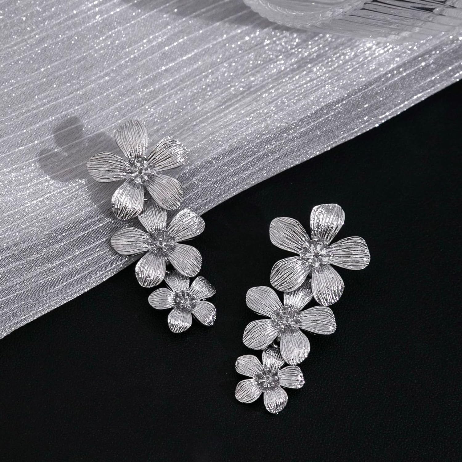 Bohemian Alloy Flower Floral Stud Earrings Triple Flower Drop Dangle Earrings Statement Wedding Party Jewelry for Women - Image 6