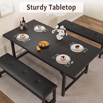 CABIHOME Dining Table Set for 4-6, 63 Extendable Dining Room Table Set With 2 Upholstered Benches, 3 Piece Large Rectangle Kitchen Table Set With Metal Frame for Apartment, Saving Space, Rustic Black