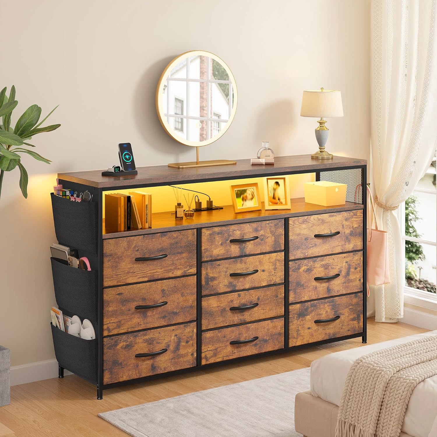 EnHomee Dresser for Bedroom with 10 Drawers, 55" TV Stands with LED Lights & Power Outlets, Dressers with Shelves & Side Pockets, Hooks for Hallway,Rustic Brown