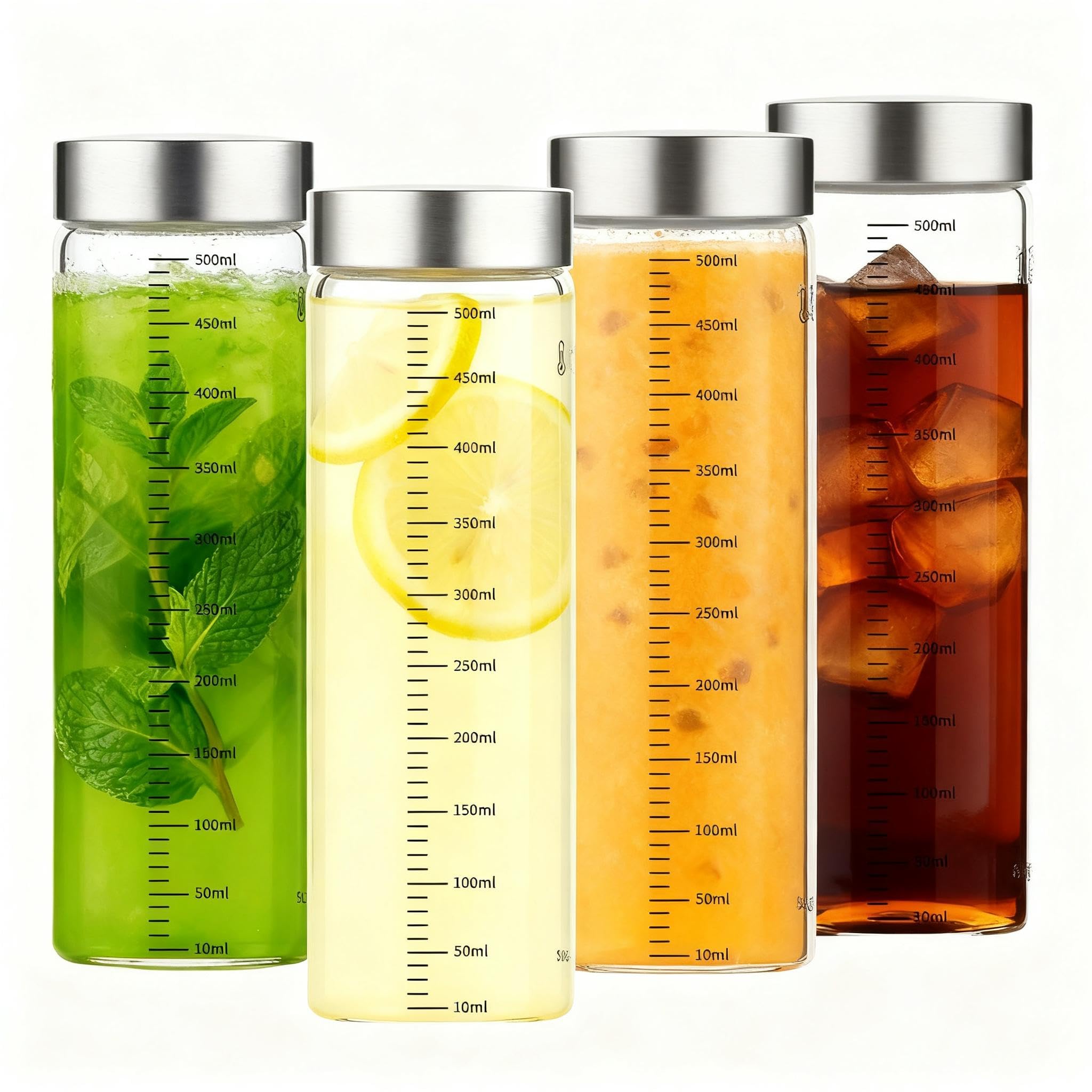 Glass Juice Bottles, 17 Oz Wide Mouth Reusable Borosilicate Glass Water Bottles Leak-Proof Stainless Steel Lid, Food Grade Safe, Fits in Cup Holder