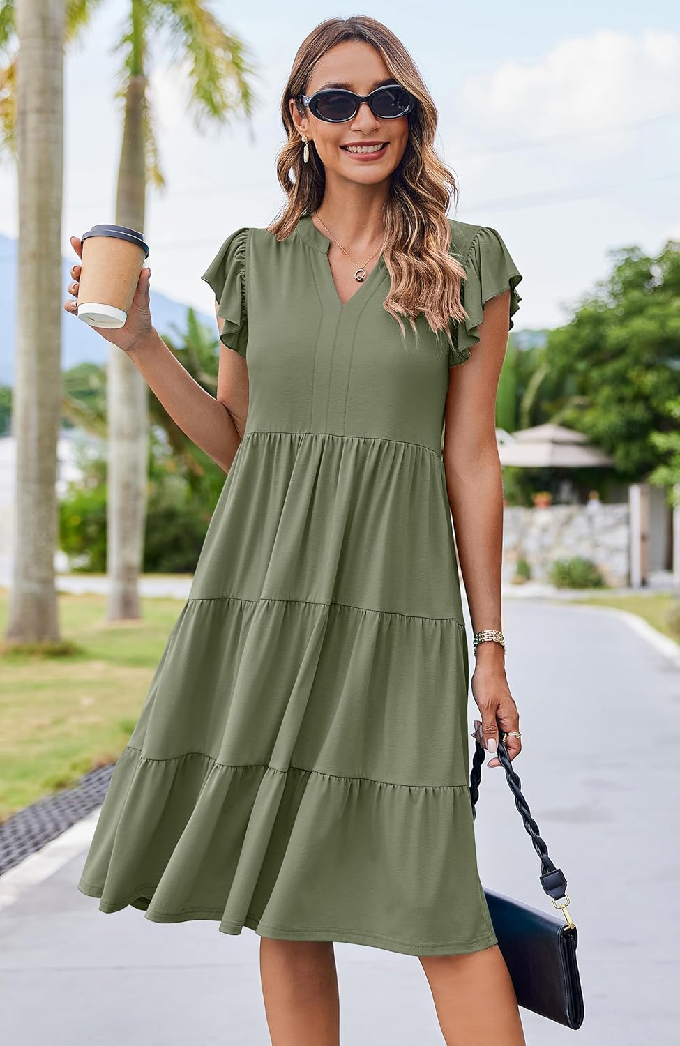 Hount Women's Summer Casual Dress 2026 V Neck Ruffle Sleeve Midi Sundress Flowy Tiered Hawaiian Beach Dresses with Pockets - Image 3