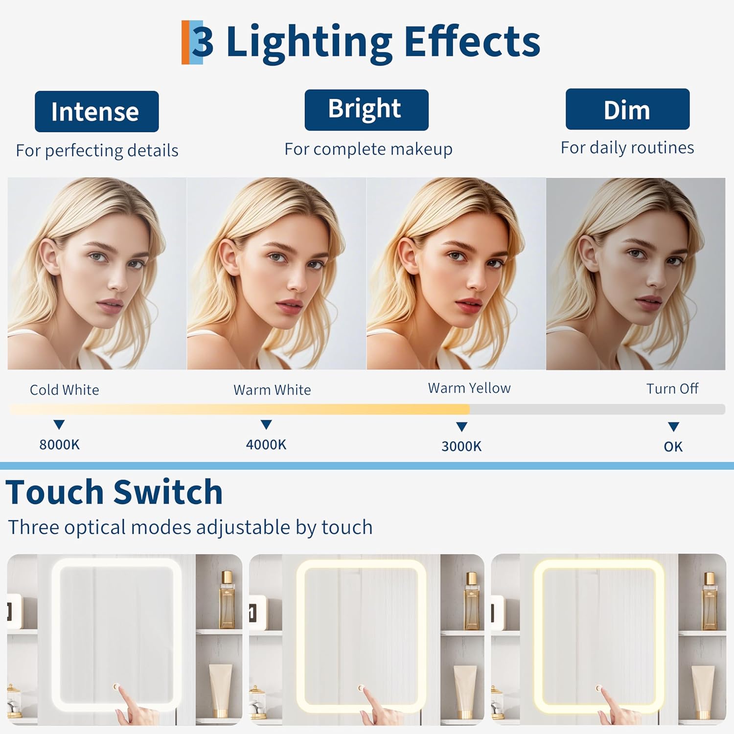 GarveeHome Farmhouse Makeup Vanity Desk with Solid Wood Stool, Makeup Table with Mirror and Lights & Power Outlet, Makeup Table with 2 Drawers, Dressing Table with Glass Top for Bedroom, Brown+White