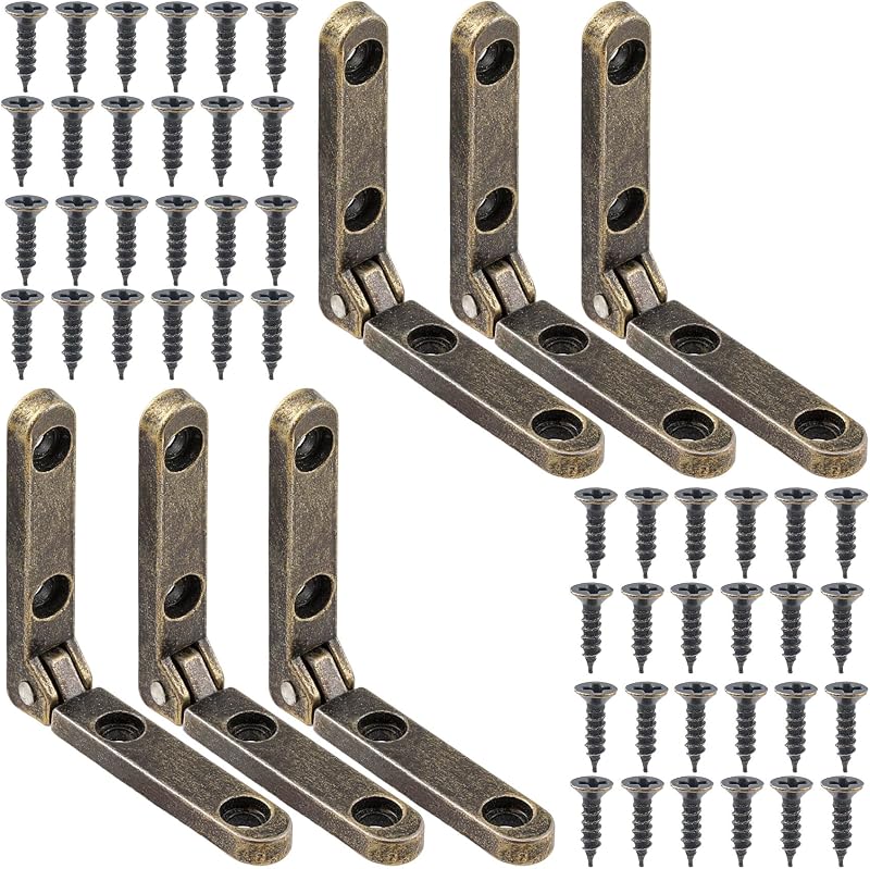 6 Pcs 90 Degree Hinges, Wooden Box Hinge Cabinet Hardware with 24 Screws, Small Hinge for Jewelry Box, Case, Chest (Bronze)