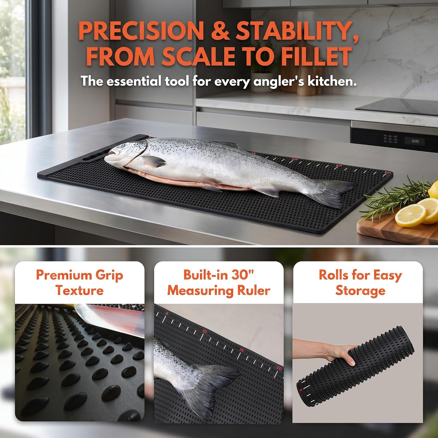 Kylebooker Fish Fillet Mat Extra Large 32 x 15.7 in | Anti-slip Texture ,Integrated Ruler, , Easy to Clean Material, Portable Storage, Fish Cutting Board