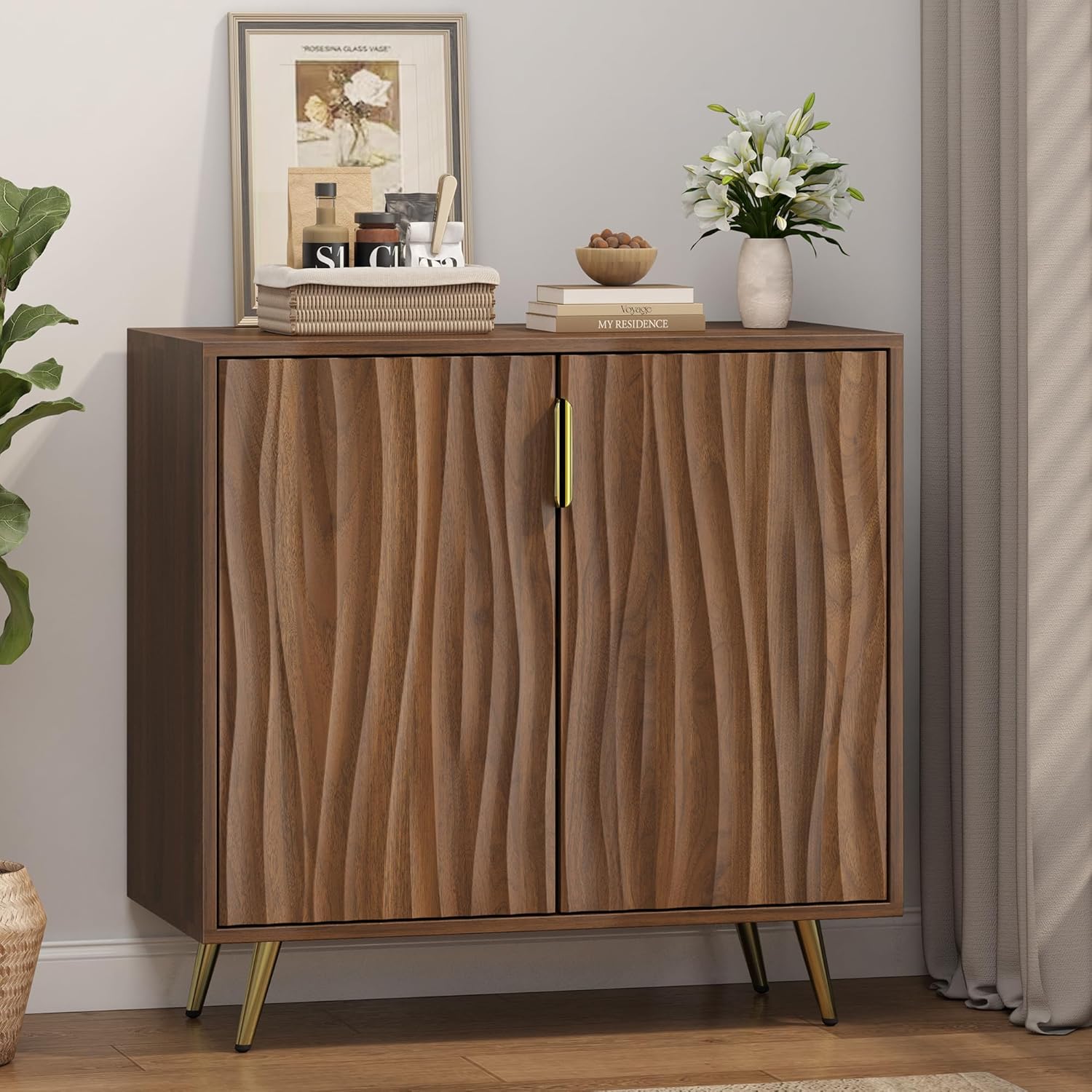 Walnut Fluted Buffet Sideboard Cabinet with Storage, 4-Tier Storage Cabinet with Water Ripple Texture Doors, Coffee Bar Console Table with Adjustable Shelves for Kitchen, Hallway, Living Room