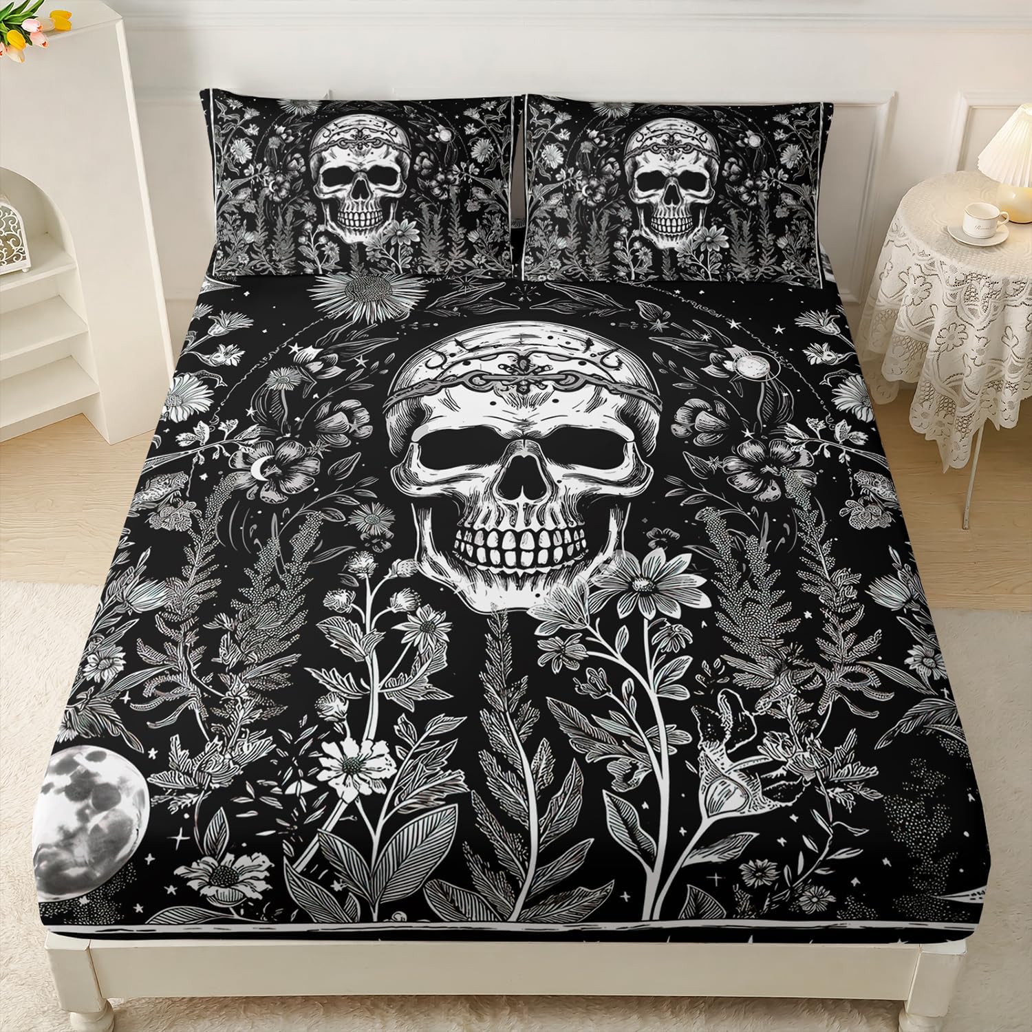 AILONEN Gothic Skull Fitted Sheet Set Queen Size, Retro Floral Moon Skull Bed Sheet Set,3 Pieces Black and White Sheet Set,1 Fitted Sheet and 2 Pillowcases