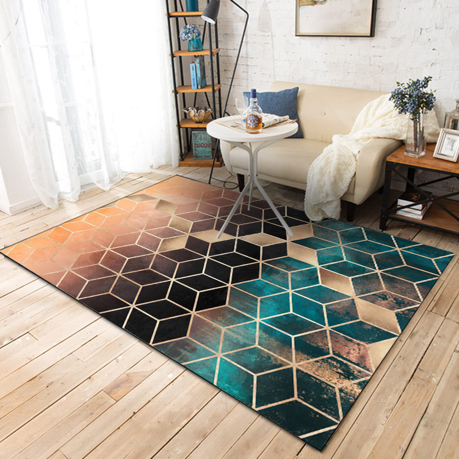Tapis antidérapant et durable vert et or à motif diamant 160x280