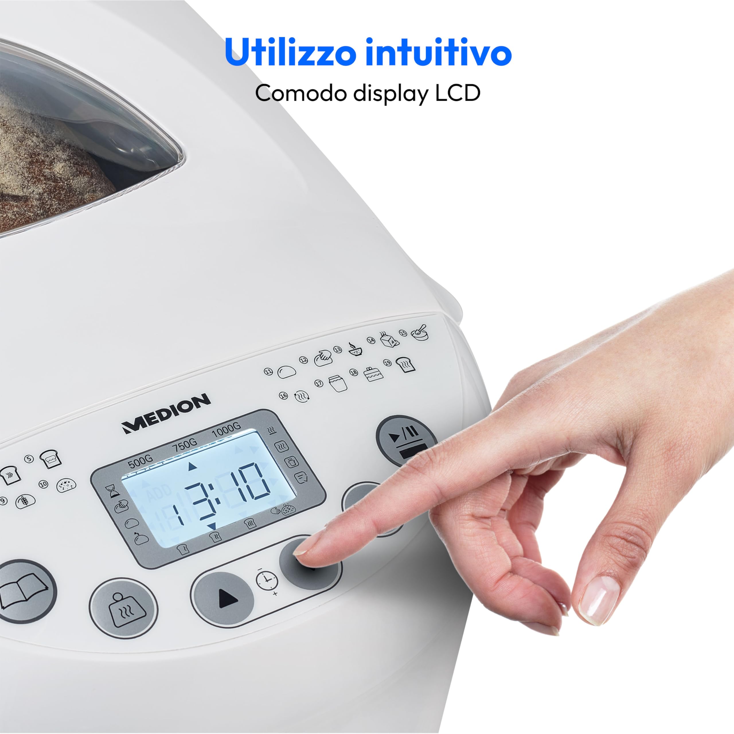 MEDION Macchina per il pane fino a 1000g, macchina del pane con 19 programmi, funzione mantenimento calore, robot da cucina multifunzionale, impastatrice, fornetto elettrico con timer, MD 11011