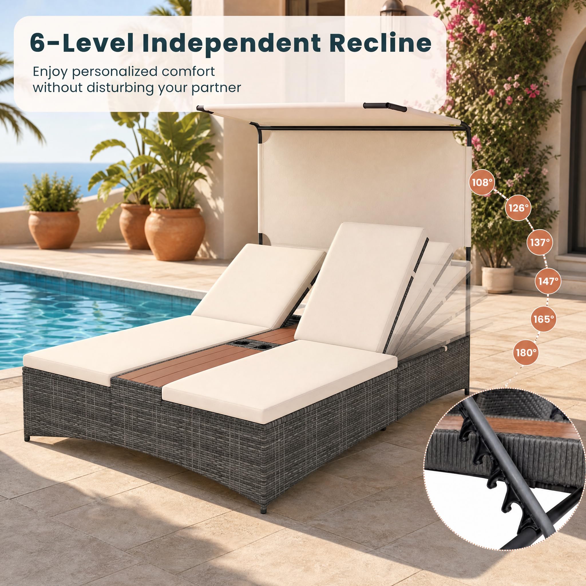 GIANTEX Lettino Prendisole a 2 Posti, Lettino da Giardino in Rattan e Metallo, Schienali Regolabili e Tettuccio Integrato, Moderno Sdraio con Cuscini Morbidi e Tavolino per Piscina e Cortile (Beige)
