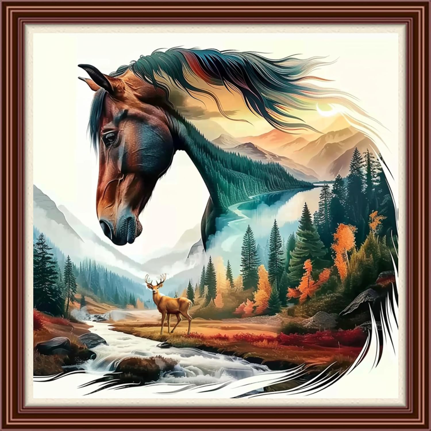 Dimensean Counted Cross Stitch Kit for Beginners, 11CT Unprinted Cross-Stitch Kit Easy Patterns Needlepoint Kit Cross Stitching Embroidery Kit Supplies-Abstract Horse Landscape 18x18 inch