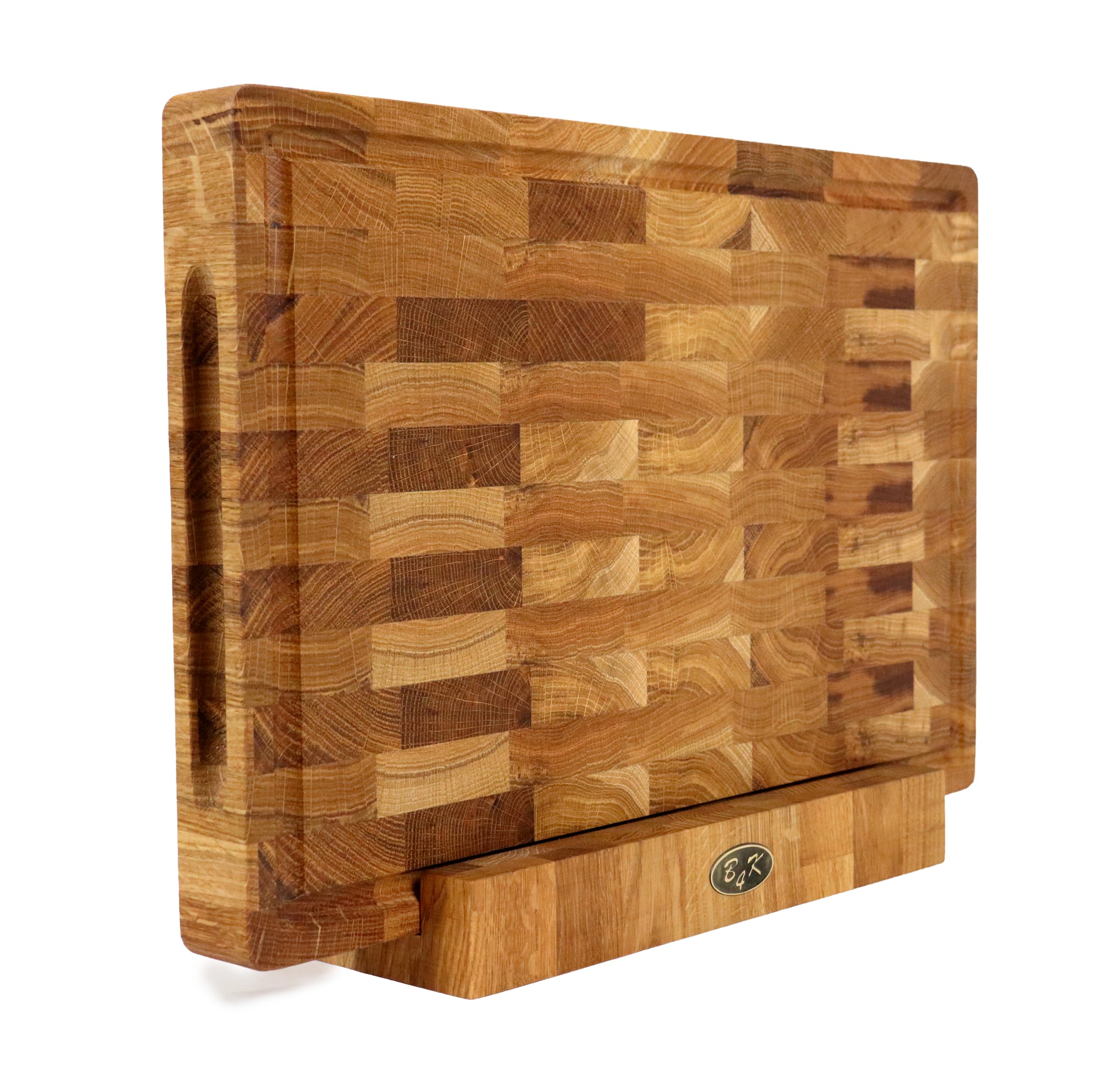 B4K® Tagliere con supporto in legno di quercia, 45 × 30 × 4 cm, massello di legno di cervello antibatterico con manici e piedini in silicone, perfetto per cucina, carne e barbecue